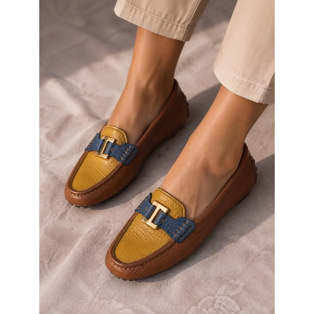 Tory Burch Colorblock Pebbled Leather Driving Loafers Brown Yellow Blue 6M